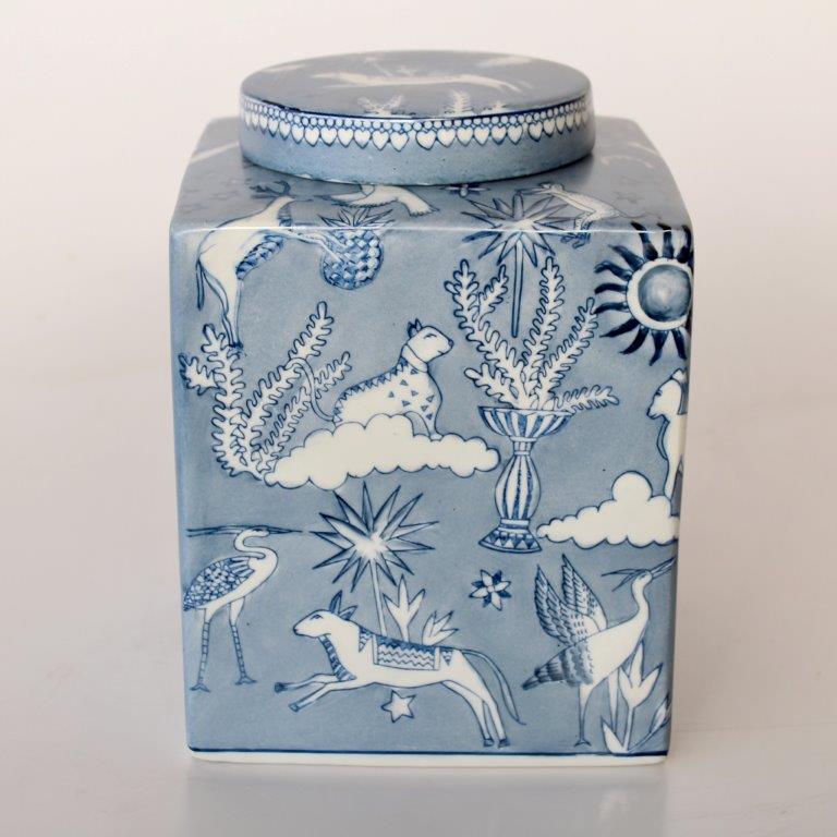 Large Blue & White Square Tiger Moon Jar With Lid